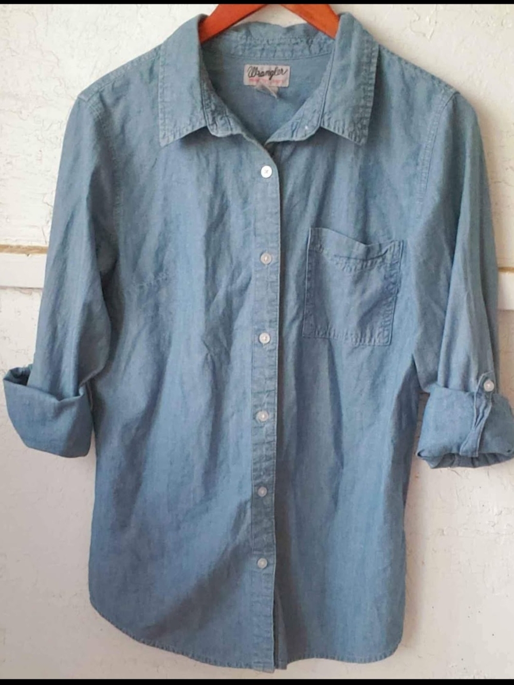 Wrangler Light Blue Denim Shirt with Pink Logo Stitching